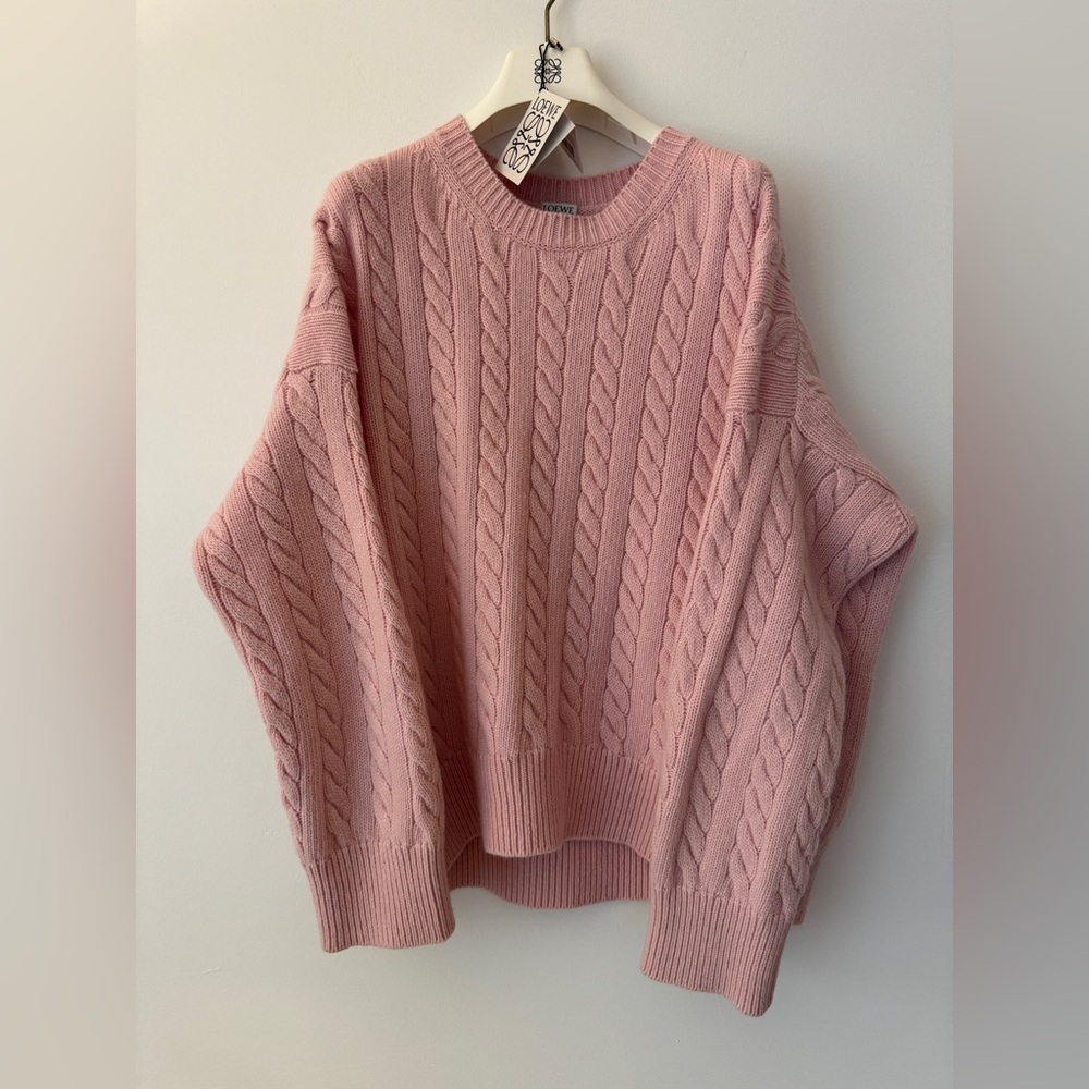 Loewe Cable Crewneck Sweater in Baby Pink, Size Small